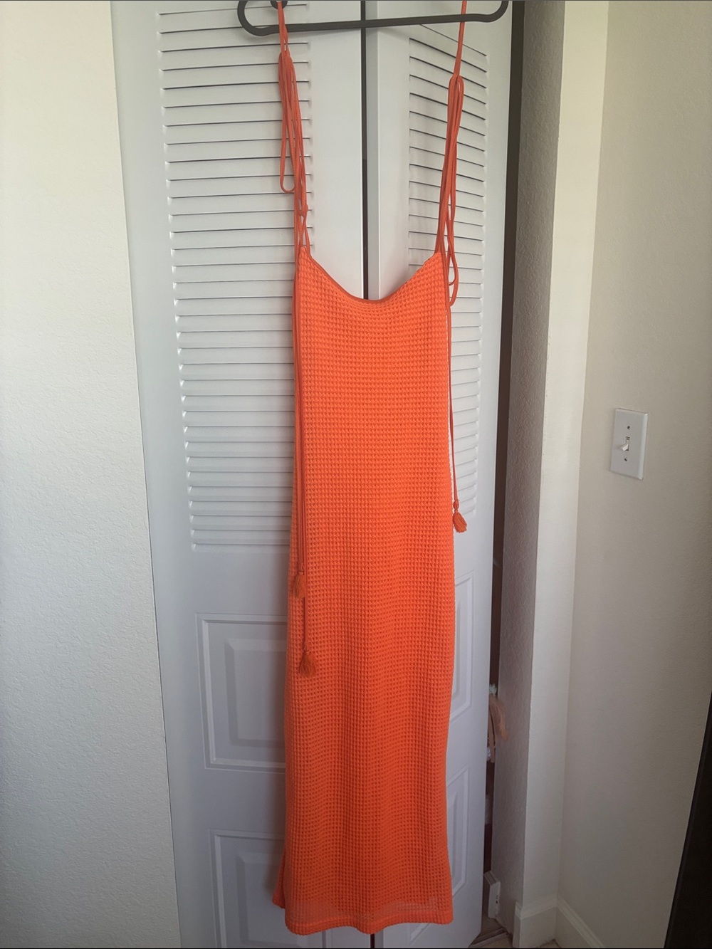 Sleeveless Orange Knit Maxi Dress with Tie Straps